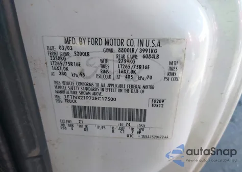 2003 Ford F-250 Lariat/Xl/Xlt из США, поврежденный, VIN 1FTNX21P73EC17500